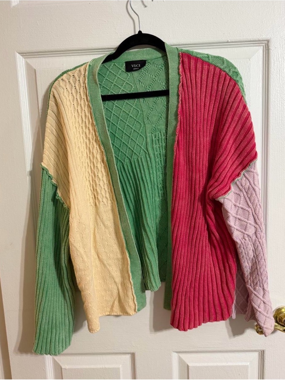VICI Colorblock Open Front Cardigan - Green, Pink, Cream